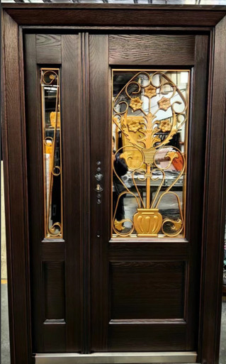 DOOR METAL BROWN WITH GOLD GRILL W/GLASS PLUS SIDE PANEL 2050X1200 #1229 - A. Ally & Sons