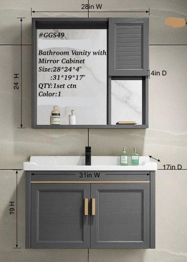BATHROOM CABINET WALL HUNG WITH MIRROR GREY GGS49 31"X19"X17" - A. Ally & Sons